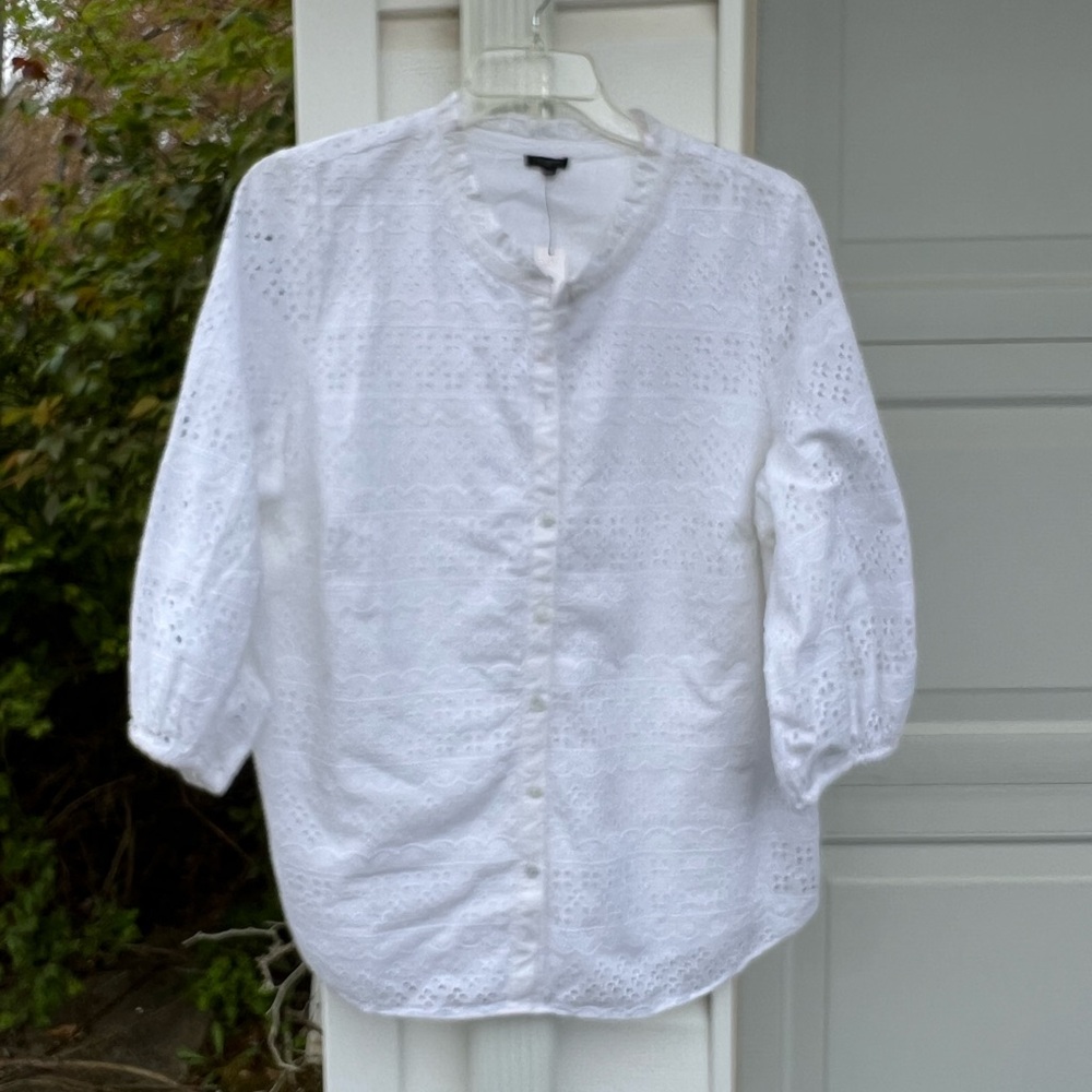 NWT Talbots Gorgeous Ruffle Neck White Eyelet Cotton Lined Bodice Blouse